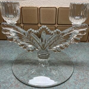 Clear Glass Crystal Candlestick Holder Two Light Vintage Ornate Leaf‎ Design